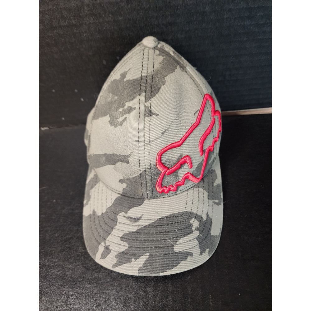 Fox Racing Youth Camo Flexfit Hat Pink Embroidered Fox Head Logo Grey Camouflage